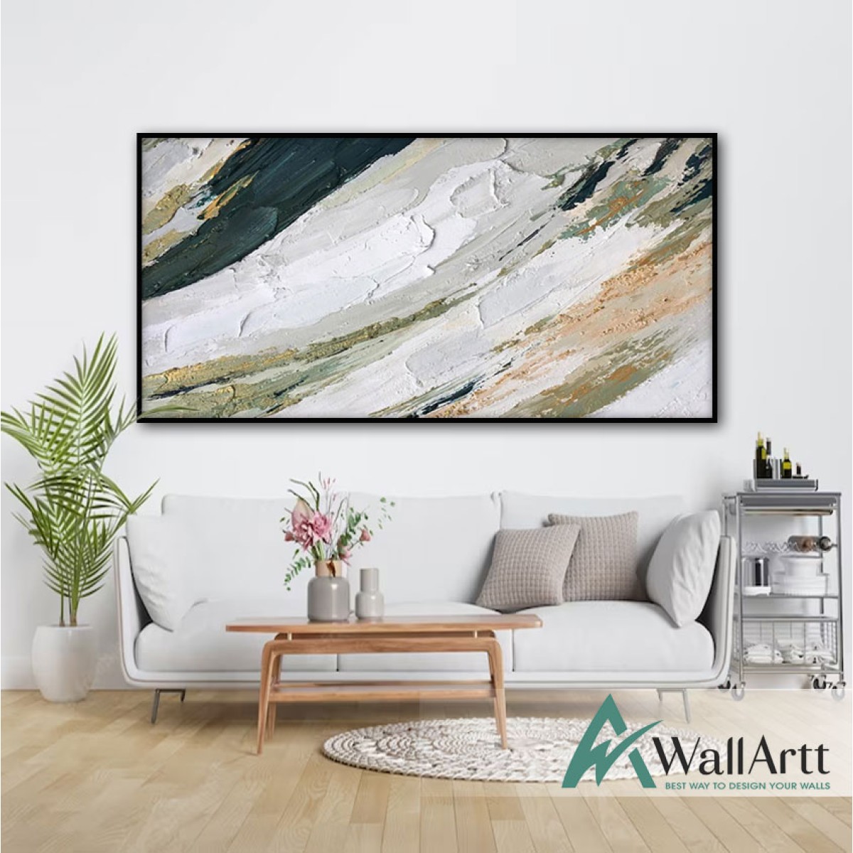 Tones of Green with White 3d Heavy Textured Partial Oil Painting
